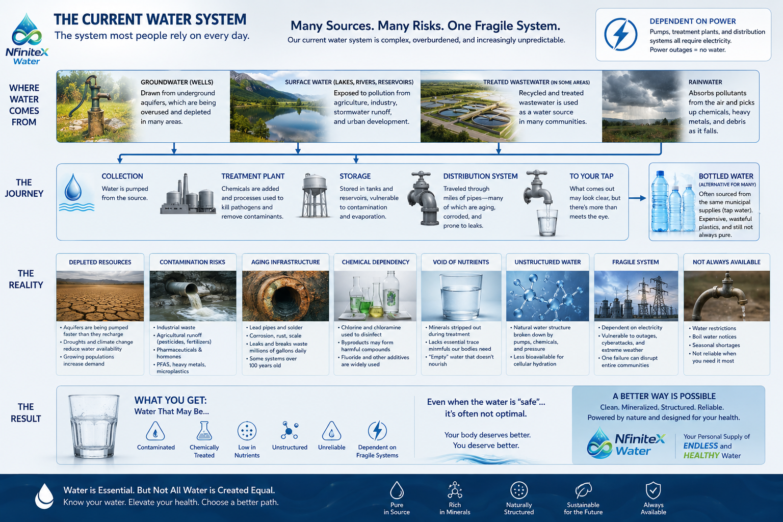 The current water system: where water comes from, the journey through treatment and distribution, the reality of contamination and aging infrastructure, and the result