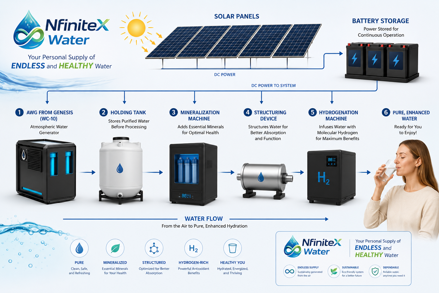 NfiniteX Water system flow: solar power, atmospheric water generation, mineralization, structuring, and hydrogenation
